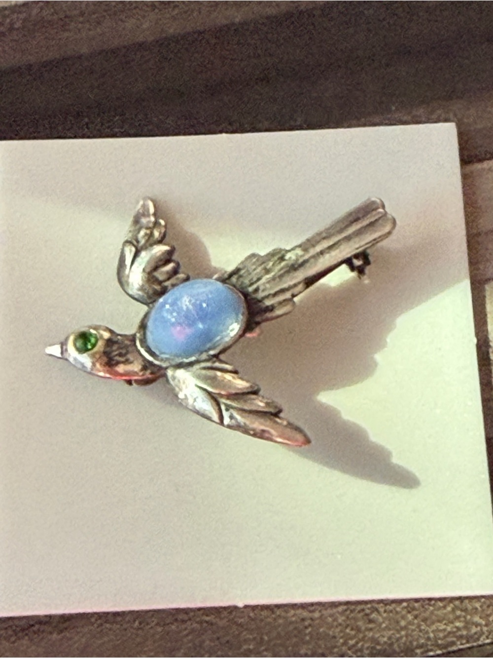 Vintage Sterling Silver Bird Brooch with Blue Opalescent Stone #404